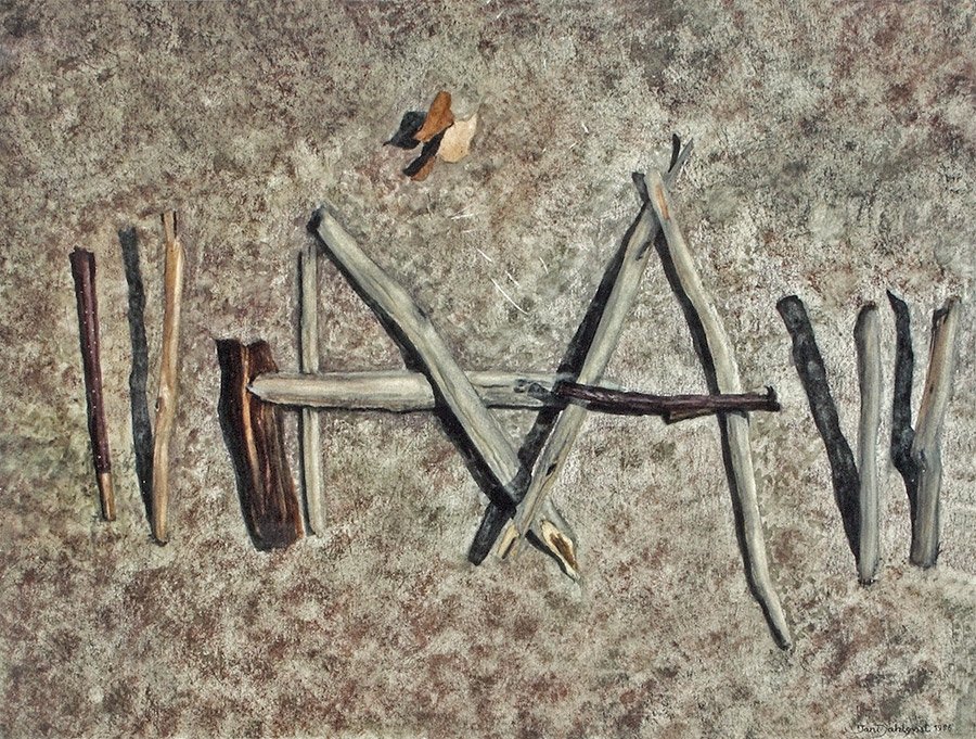 "Besvärjelse i sand", akvarell, 1986, 21,4 x 28,2 cm. Inköpt av Göteborgs Stad, Kulturförvaltningen