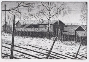 "Dalagård", linje- och akvatintetsning, 1983, 20 x 30 cm, upplaga: 120 ex. Motiv från Tällberg i Dalarna