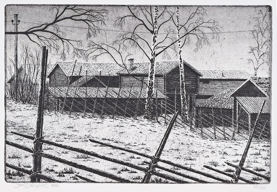 "Dalagård", linje- och akvatintetsning, 1983, 20 x 30 cm, upplaga: 120 ex. Motiv från Tällberg i Dalarna