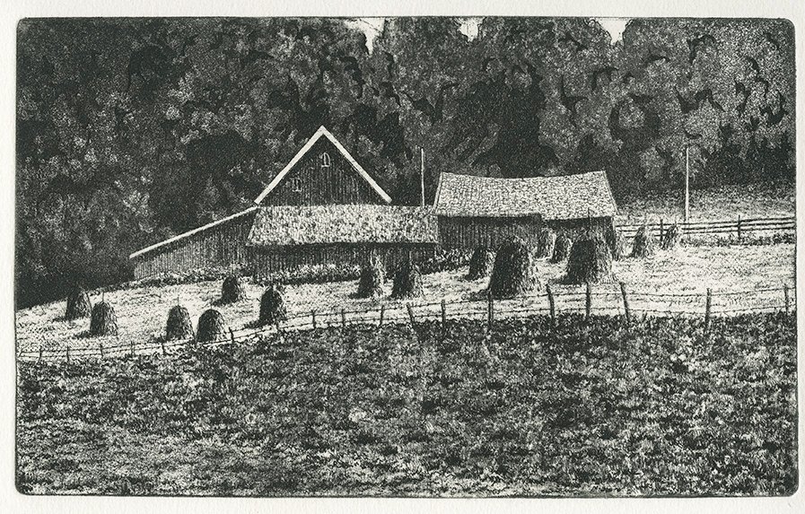 "Demonskog", linje- och akvatintetsning, 1985, 12 x 20 cm, upplaga: 50 ex. Motiv från Tidaholm, Västergötland