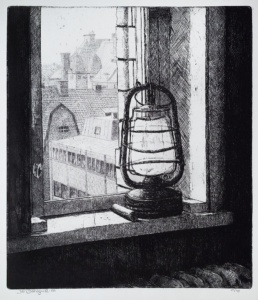 "Lyktan", linjeetsning, 1980, 35 x 30 cm, upplaga: 40 ex. Utsikt från dåvarande Hovedskous målarskola ut mot Haga