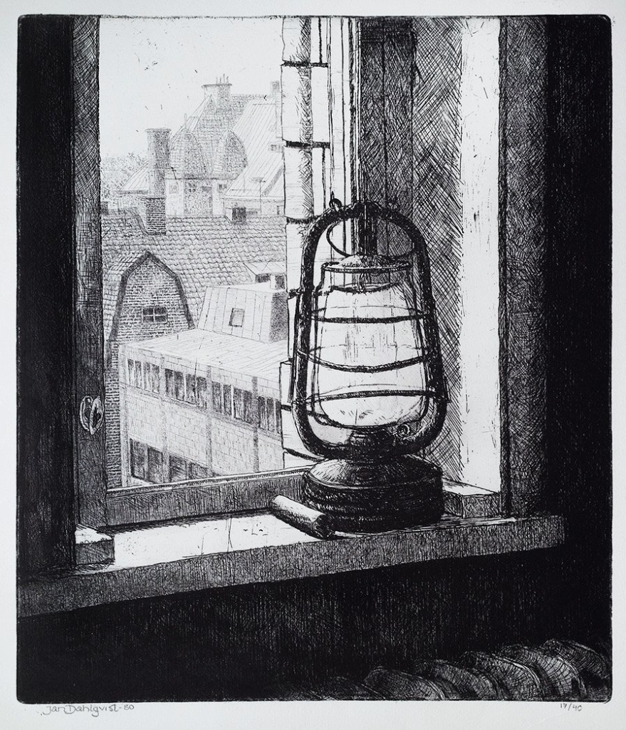 "Lyktan", linjeetsning, 1980, 35 x 30 cm, upplaga: 40 ex. Utsikt från dåvarande Hovedskous målarskola ut mot Haga