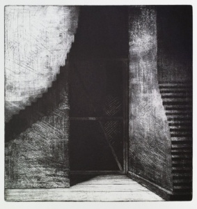 "Vindsdörr", linje- och akvatintetsning, 1984, 27 x 25 cm ca, upplaga: 50 ex