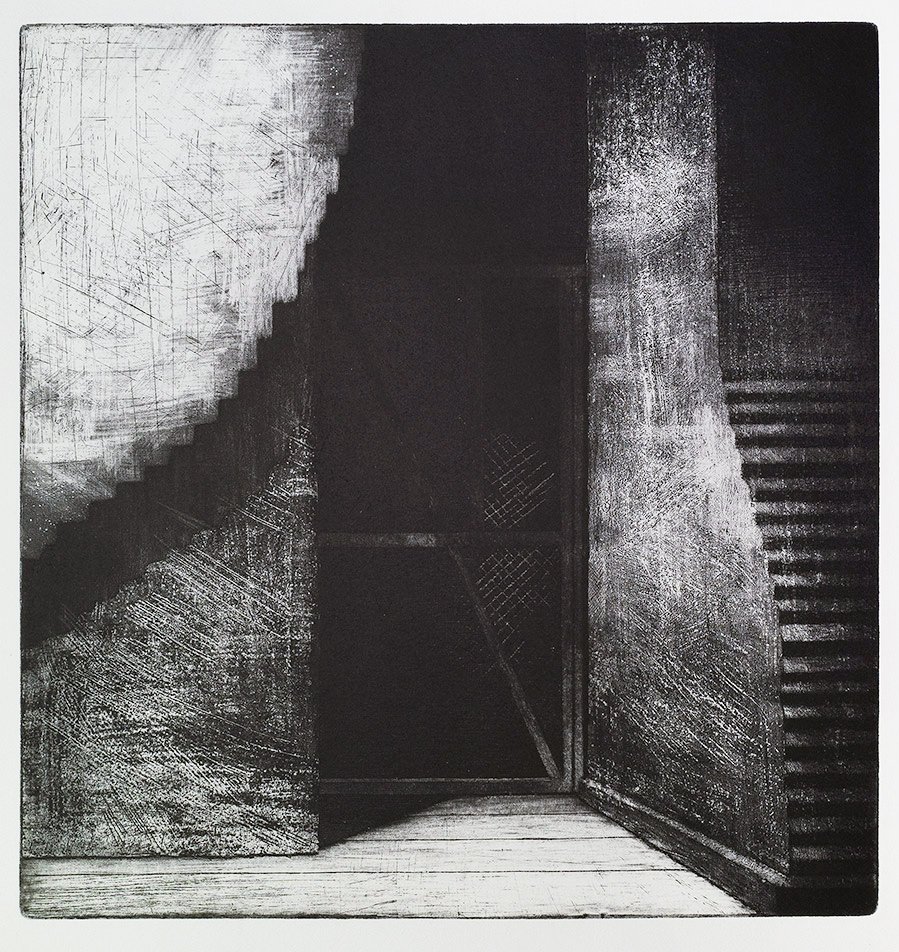 "Vindsdörr", linje- och akvatintetsning, 1984, 27 x 25 cm ca, upplaga: 50 ex