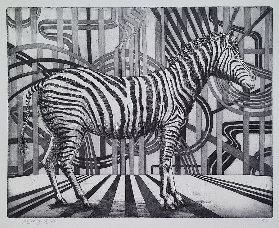 "Zebra", linje- och akvatintetsning, 1980, 28,5 x 35,5 cm, upplaga: 40 ex.