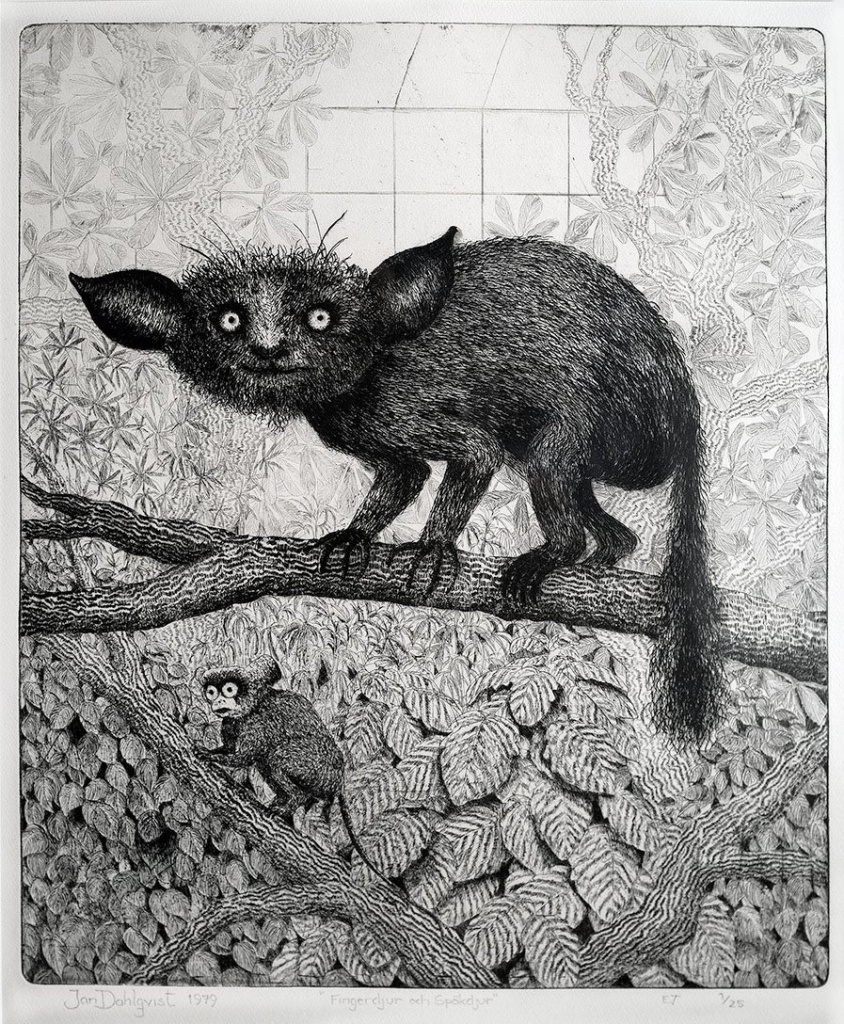 "Fingerdjur och spökdjur", linjeetsning, 1979, 32 x 27 cm, upplaga: 25 ex.