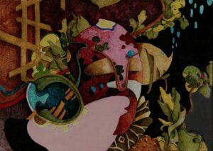 "Lätt beslöjad", profan ikon, akvarell- gouachemålning, färgpenna, vax, 2017, 14 x 20 cm.