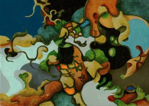 "Omsluten", profan ikon, akvarell- gouachemålning, färgpenna, vax, 2016, 14 x 20 cm.