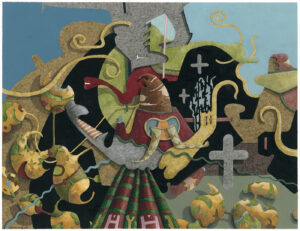 "Agora", målning, tusch, akvarell, vinylfärg på papper, 28,5 x 36,9 cm. 2023