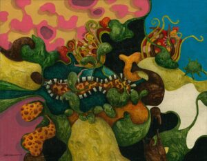 "Blomstertid", akvarell, vinylfärg, färgpenna. 14,8 x 18,4 cm, 2018.