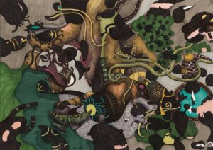 "Brunn", teckning, tusch, kulspetspenna, W&N Pro Marker, 2016, 21 x 29,7 cm.