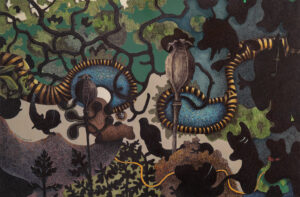 "Garden of Earthly Delights", teckning, kulspetspenna, arkivbeständig, akvarell, vinylfärg, 24,5 x 37 cm, 2021.