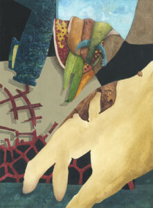 "Handrörelse", akvarell, vinyl, färgpenna på papper. 28 x 20,5 cm. 2023. "Hand movement"