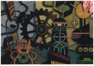 "Kraftverk", teckning, målning. 28 x 40,5 cm, 2022