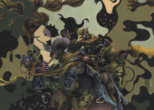 "Sammandrabbning", teckning, målning, kulspetspenna, tusch Faber-Castell Pitt ink pen, vinylfärg, akvarell, färgpenna. 29,7 x 42 cm