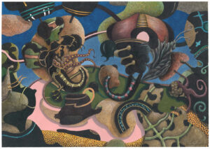 "Kontrahenter", teckning, målning. 28,5 x 40,5 cm. Kulspetspenna på papper, akryltusch, vinylfärg, färgpenna. 2022-23