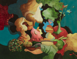 "Nyfiken", Jan Peter Dahlqvist, akvarell, vinyl, färgpenna, 2024, 32,3 x 42,3 cm