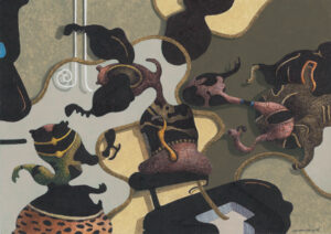 "Påtryckning", teckning, målning. Kulspetspenna, tusch, vinylfärg, färgpenna på papper, 2022-2023. 21 x 29,7 cm