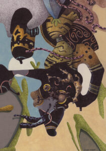 "Pose", Jan Peter Dahlqvist, 2024. teckning, tusch, akvarell, vinylfärg, kulspetspenna, färgpenna. 29,7 x 21 cm.