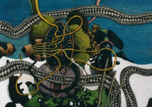 "Sambandscentral", teckning, målning, 2020, 21 x 30 cm.