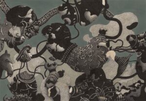 "Samtal pågår", teckning, målning, 2022, 38 x 42 cm.