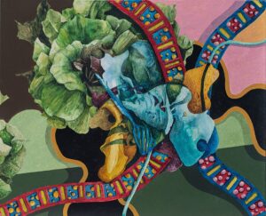 "Två fronter", akvarell, vinyl, färgpenna på akvarellpannå, 2021, 24 x 30 cm