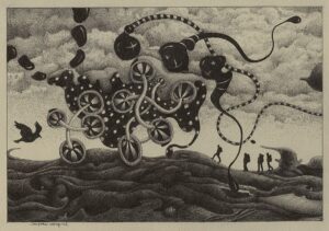 "Upptäktsfärd", teckning, 2021, 20 x 28 cm