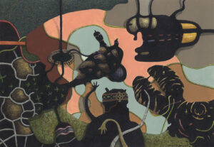 "Vanliga, vänliga, varelser", teckning, målning, 2023, 27,5 x 40 cm