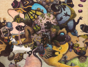 "Jonglören", teckning, målning, 2018, 24 x 32 cm.