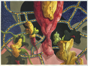 "Organismer", akvarell, vinylfärg, färgpenna. 2022-23, 42 x 56,7 cm