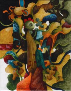 "Röd kam", profan ikonmålning, 2011, 18 x14 cm. Akvarell, gouache, färgpenna, vax på kritgrunderad plywood, polerad