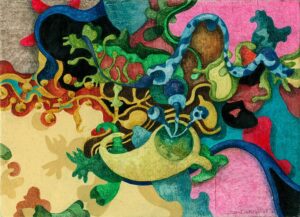 "Blå Vågor", profan ikonmålning, 2016, 14,3 x 20 cm. Akvarell, vinylfärg, färgpenna, vax, på kritgrunderad plywood