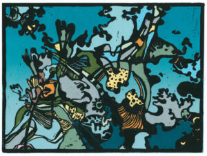 "Domptören", 2013, Linoleumsnitt & Digigrafi. Upplaga: 30 ex. 14 x 19 cm.