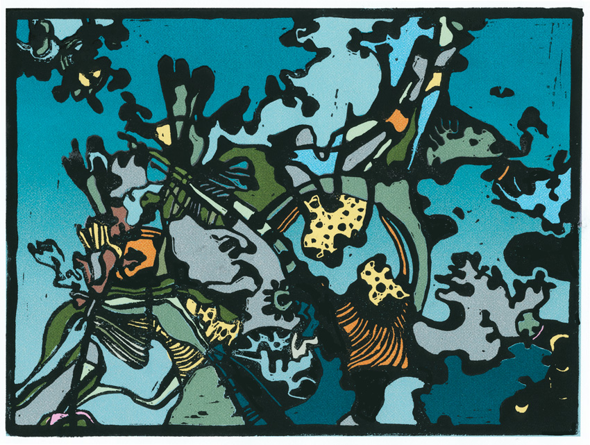 "Domptören", 2013, Linoleumsnitt & Digigrafi. Upplaga: 30 ex. 14 x 19 cm.