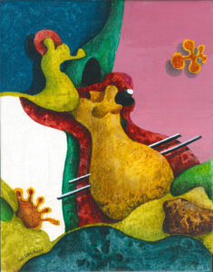 ”I Blickfånget”, profan ikonmålning, 2010, 19 x 12 cm. Akvarell, gouache, färgpenna, vax på kritgrunderad plywood