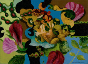 ”I Rosens namn” profan ikonmålning, 2022, 14,2 x 19,3 cm. Akvarell, gouache, färgpenna, vax på kritgrunderad plywood