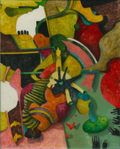 "Vad händer", profan ikonmålning, 2011, 17,7 x 14,2 cm. Akvarell, gouache, färgpenna, vax på kritgrunderad plywood, polerad