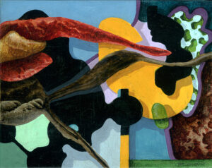 "Överläggning", profan ikonmålning, 2000, 12,3 x 15,7 cm. Akvarell, vinylfärg, färgpenna, vax, på kritgrunderad plywood, polerad