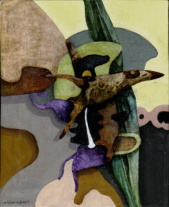 "Plantaforce", profan ikonmålning, 2002, 18 x 13 cm. Akvarell, vinylfärg, färgpenna, vax, på kritgrunderad plywood, polerad