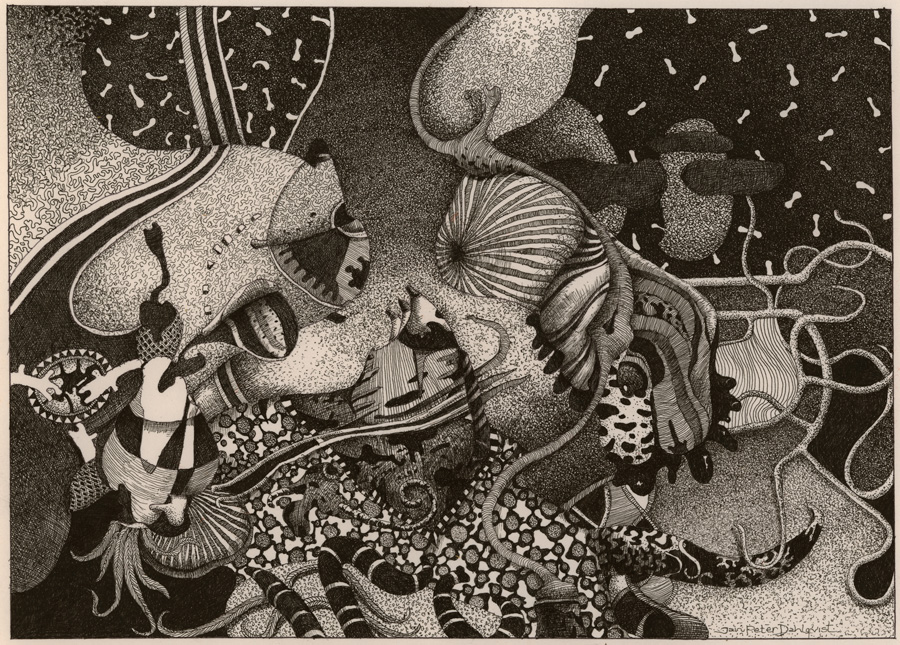 ”Polarisering", teckning, tusch på papper. 17 x 24 cm, 2018